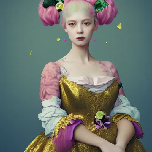 Image similar to 8 k, octane render, realism, tonalism, renaissance, rococo, baroque, portrait of a young lady wearing long harajuku manga dress with flowers and skulls, cotton candy!! ( background chaotic gold leaf flowers )