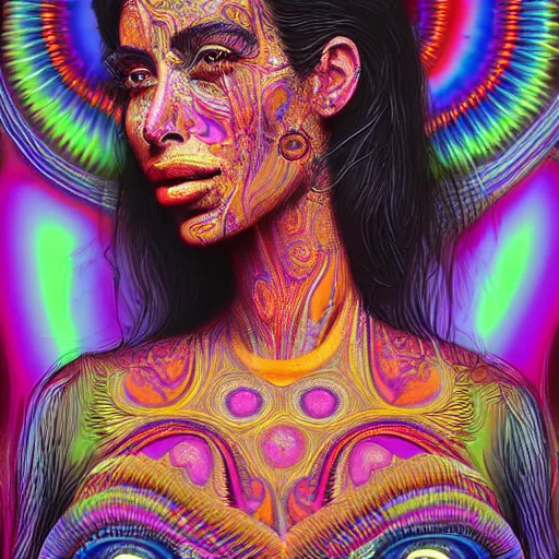 Image similar to an extremely psychedelic portrait of kim kardashian, surreal, lsd, face, detailed, intricate, elegant, lithe, highly detailed, digital oth, sharp focus, illustration,