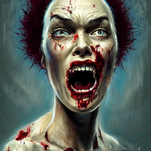 Image similar to color head portrait of lena headey screaming in agony as a zombie, 7 days to die zombie, gritty background, fine art, award winning, intricate, elegant, sharp focus, cinematic lighting, digital painting, 8 k concept art, art by michael hussar, art by brom, art by guweiz and z. w. gu, 8 k