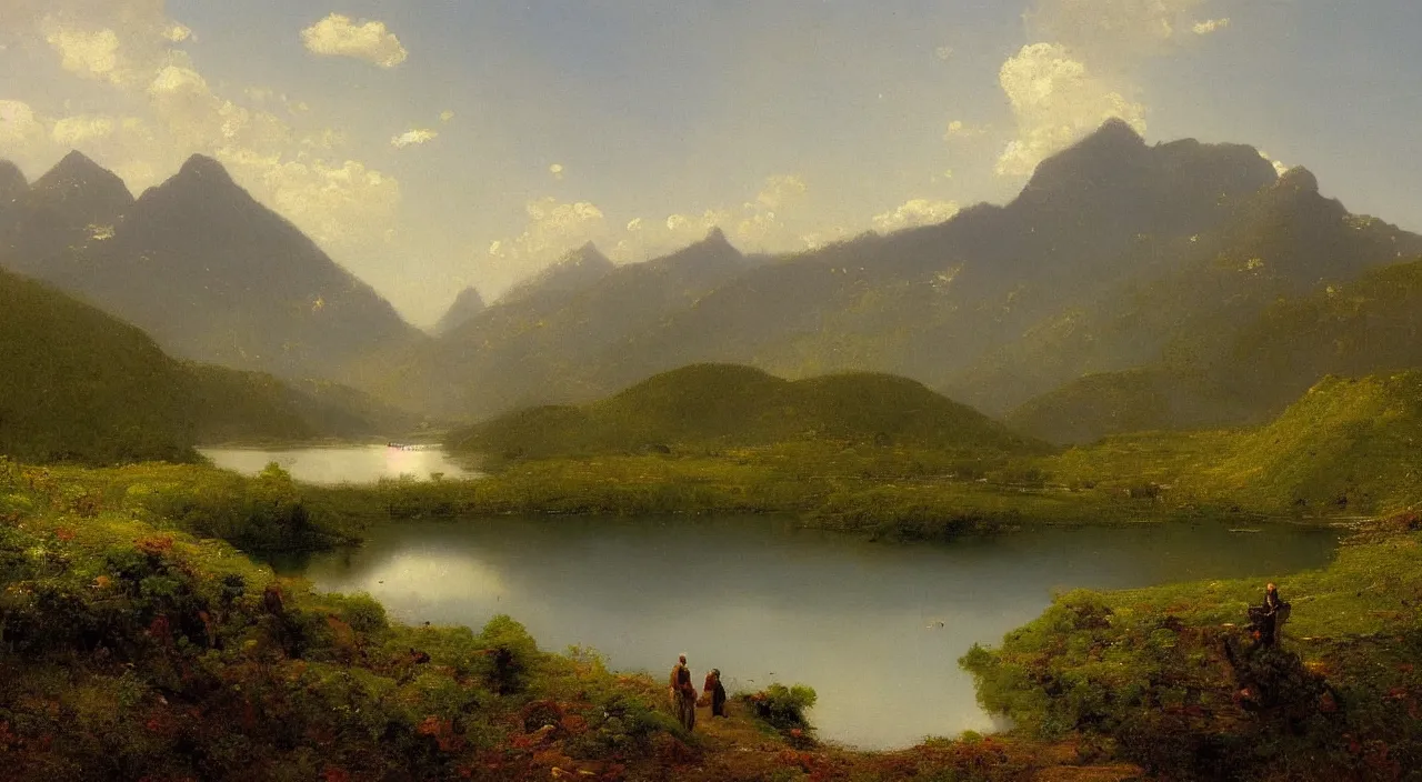 Image similar to An ultradetailed, digital-art, 4k-concept-art-wallpaper, Mountains in the background by George Inness, Lake around