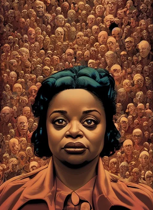 Prompt: poster artwork by Michael Whelan and Tomer Hanuka, Karol Bak of Octavia Spencer has a thousand voices in her head, reality is a labyrinth, psychological thriller from scene from Twin Peaks, clean, simple illustration, nostalgic, domestic, full of details