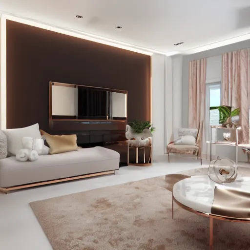 Image similar to 3 d render of white living room with rose gold metallic accents