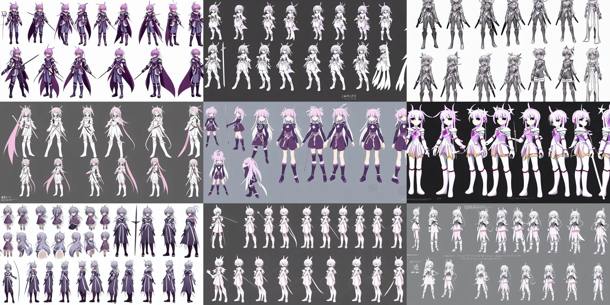 Prompt: a magical little girl knight character anime model sheet; in the mystical fantasy anime; character design concepts; trending on artstation, popular on pinterest, highly detailed, clean lines, clear shapes