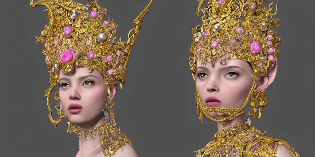 Image similar to dramatic studio portrait of a beautiful flawless symmetrical man wearing intricate otherworldly gold and white jewelry and wearing an ornate elegant pink headdress, hyper realism, very detailed, featured on zbrush central, rendered in cinema 4 d, minimalism, abstract art, f / 2. 8