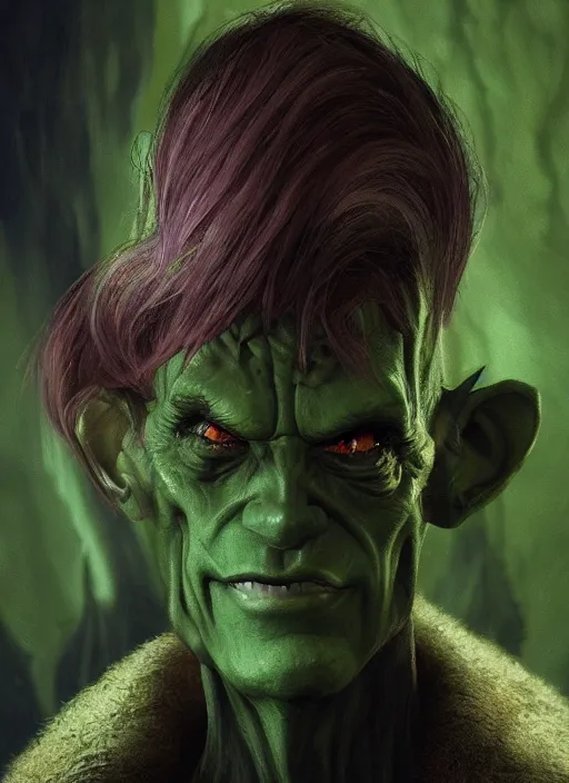 Prompt: A fantasy comic book style portrait painting of a slender green goblin in a cavern setting, unreal 5, DAZ, hyperrealistic, octane render, RPG portrait, ambient light, dynamic lighting