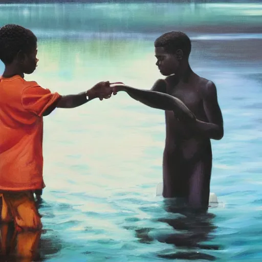 Prompt: a retro realistic painting of a ghost!!! shining in a lake while a black kid! stares at it with a florest! in the background, a scenic view, realistic, volumetric light, detaliesd painting by Kehind Wiley, trending on artstation.