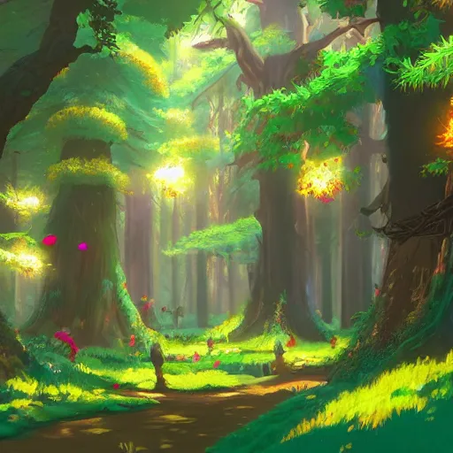 Image similar to a bright and warm forest, fantasy art, 2 d game art, by studio ghibli