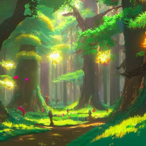 Prompt: a bright and warm forest, fantasy art, 2 d game art, by studio ghibli