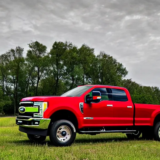 Prompt: A photograph of a man standing next to a red Ford F-250 super duty pickup truck (2018) in a farm field, photo taken in 2018