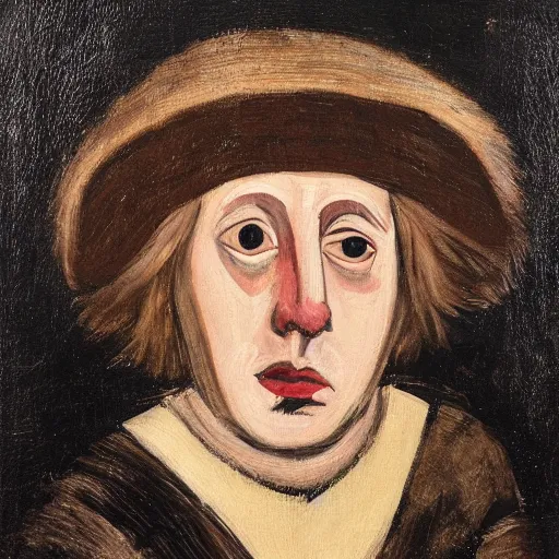 Image similar to boris johnson as a 1 2 th century peasant in england, painting, exhibited at british museum, oil on canvas, restored