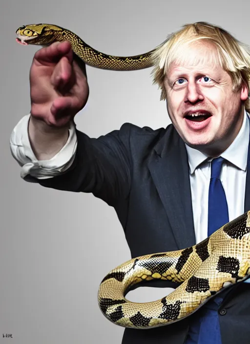 Image similar to A portrait of Boris Johnson with the body of a snake, wearing a suit, at a house party, laughing at the poor, high definition, digital art, illustration, hyperrealist