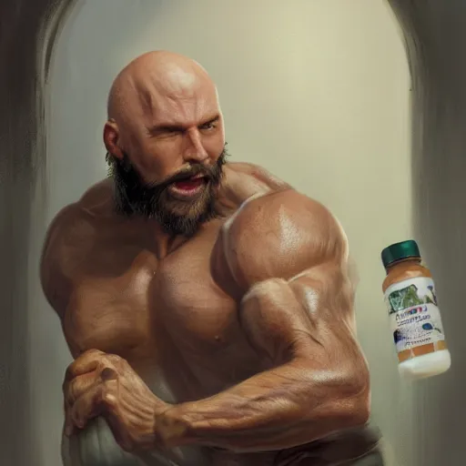 Image similar to Epic portrait, muscular man with basic clothes trying to open a jar of pickles, bald, bearded, scary, digital painting, artstation, concept art, soft light, hdri, smooth, sharp focus, illustration, fantasy, intricate, elegant, highly detailed, D&D, matte painting, in the style of Greg Rutkowski and Alphonse Mucha and artemisia, 8k,