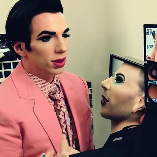 Image similar to “Saul Goodman as a beauty YouTuber making a video with James Charles about makeup”