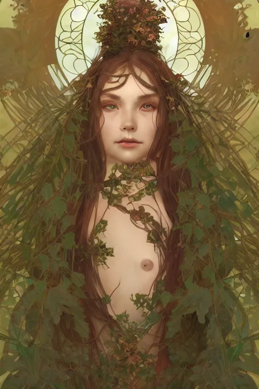 Image similar to beautiful ancient girl in makeshift leaf armor, deep space on background, highly detailed, digital painting, artstation, sharp focus, illustration, art by tan zi and ayanamikodon and alphonse mucha and wlop