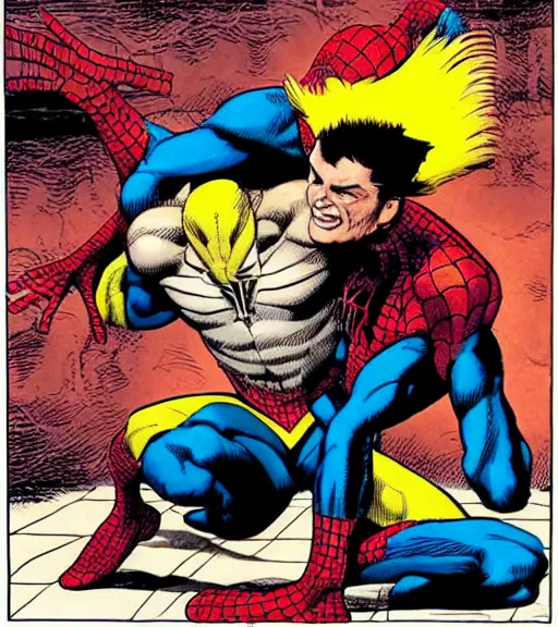 Prompt: spiderman making out with wolverine, in love, hyper realism, muted colours, painting, illustration, john buscema, klaus janson, todd mcfarlane, al williamson, john byrne, jim lee, mark chiarello, marc silvestri