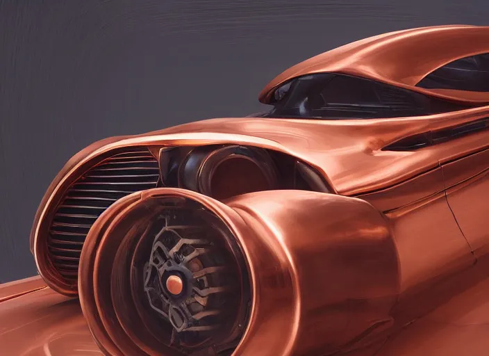 Image similar to an automobile with copper paint, in a studio, futuristic, art style by pablo carpio, car design by vergil exner, big engine and big wheels. full view, blank background.