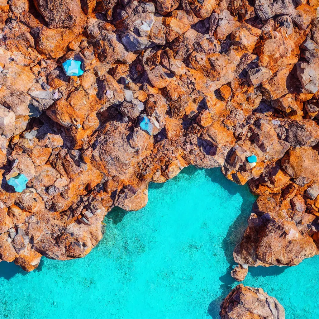 Image similar to bismuth boulders, orange sand desert with pools of bright milky blue water, birds eye view, dreamy