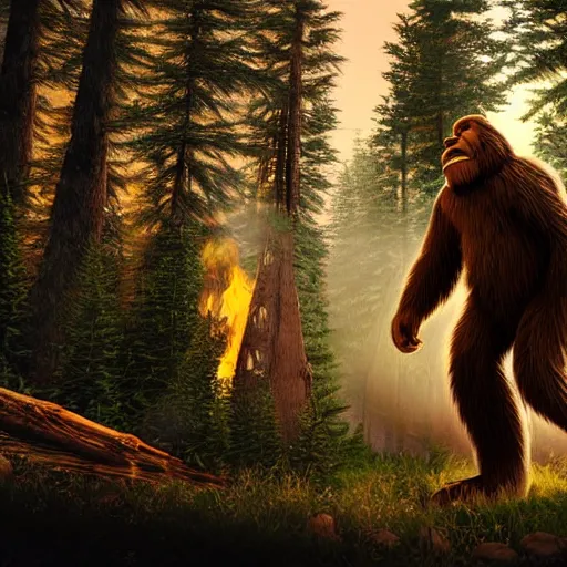 Image similar to bigfoot near a camp fire in a dark forest, highly detailed, photorealistic portrait, bright studio setting, studio lighting, crisp quality and light reflections, unreal engine 5 quality render