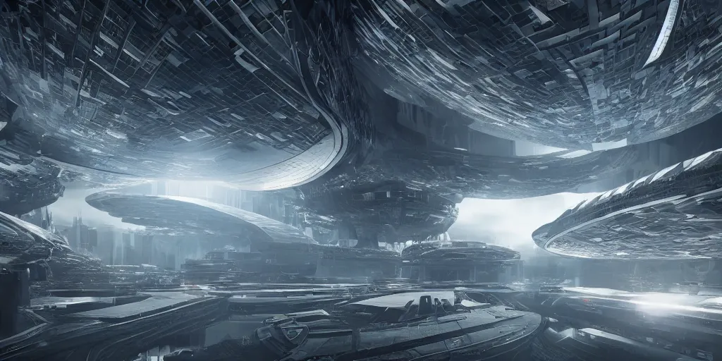 Image similar to brutalism and gigantism futuristic space megastructure concept, great lighting and composition, beautiful, insanely detailed, 8 k, science fiction