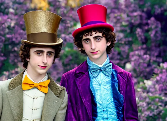 Image similar to film still of 26 year old Timothée Chalamet age 26 26 years old age 26 as Willy Wonka in new Willy Wonka movie, 4k