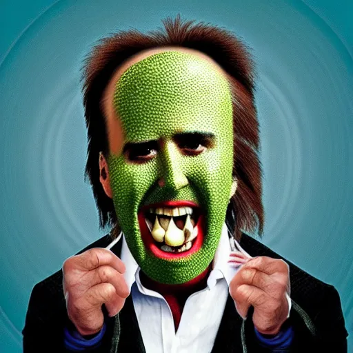 Prompt: nicolas cage with peas on his face, screaming in a wicker basket