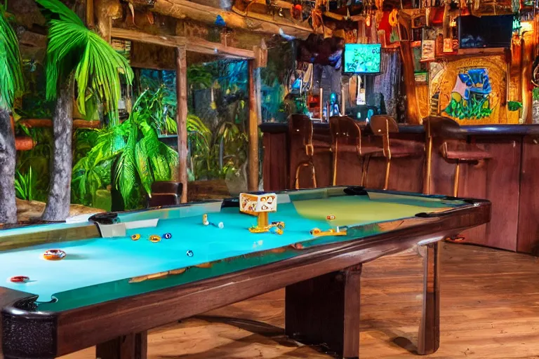 Prompt: clear pipeline transporting chunky liquid across a pool table in a tiki bar 55mm scene from a tv show 55mm