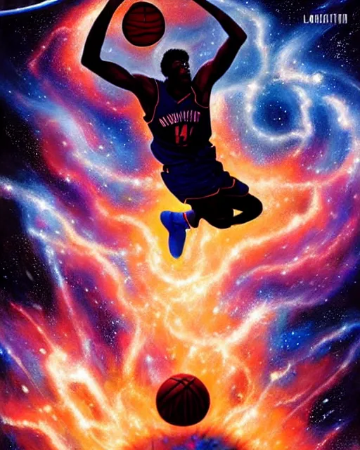 Image similar to cosmic basketball player dunking a basketball hoop in a nebula, an oil painting, by ( leonardo da vinci ) and greg rutkowski and rafal olbinski and ross tran, award - winning magazine cover