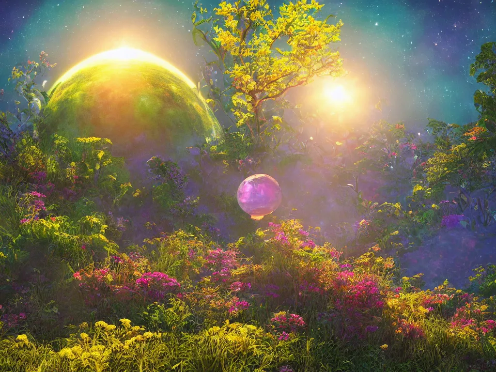 Prompt: sunlight study, the universe is a spheroid region 7 0 5 meters in diameter of kauai wildflower undergrowth, art nouveau, by hans zatzka and ( ( ( ( ( lisa frank ) ) ) ) ), 8 k, sharp focus, octane render