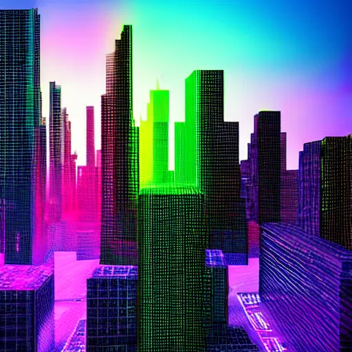 Prompt: cityscape made of glowing multi - colored trasparent ice, cyberpunk, quantum wavetracing,