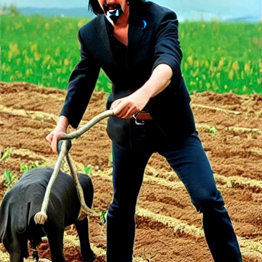 Image similar to keanu reeves tilling a field