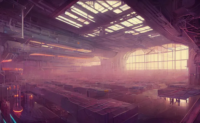 Prompt: Interior shot of a futuristic factory by Petros Afshar and Beeple, James Gilleard, Mark Ryden, Wolfgang Lettl highly detailed