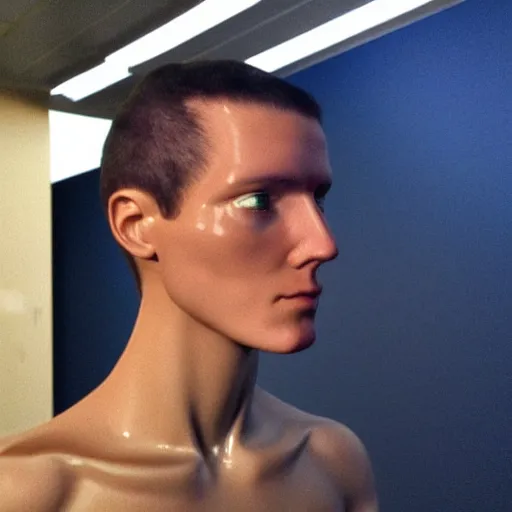 Image similar to “a realistic detailed photo of a guy who is an attractive humanoid who is half robot and half humanoid, who is a male android, News reporter Anthony Conn, shiny skin, posing like a statue, blank stare, reporting the news, on display, sparks coming out of his neck”