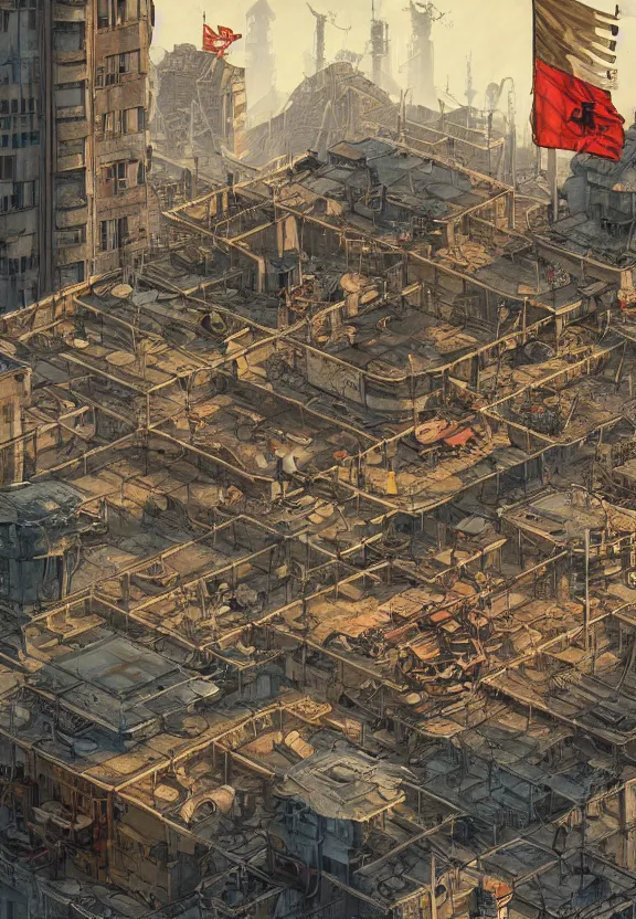 Image similar to [Underground colony with checkered flags, rust and brutalist buildings and little mushrooms. Propaganda poster, intricate, elegant, highly detailed, digital painting, artstation, concept art, matte, sharp focus, illustration, art by Enki Bilal and Moebius]