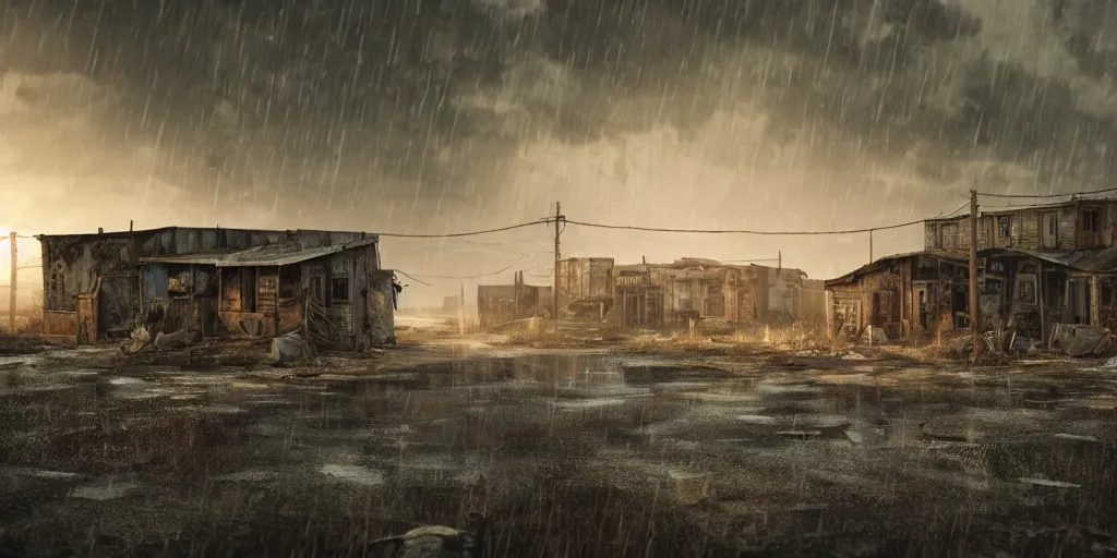 Prompt: A beautiful deserted post apocalyptic town, old rusty shacks with warm yellow lights in the windows, night, rain, dark clouds, natural volumetric lighting, realistic 4k octane beautifully detailed render, 4k post-processing, highly detailed, intricate complexity, epic composition, magical atmosphere, cinematic lighting, masterpiece