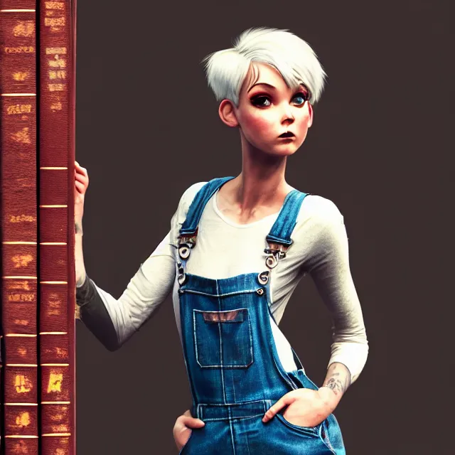 Image similar to full body pose, beautiful adult fairy, pixar, short white hair shaved sides, dirty, grungy, grunge, long sleeve, painted overalls, stacks of giant books, highly detailed, 4 k, hdr, smooth, sharp focus, high resolution, award - winning photo, artgerm, photorealistic