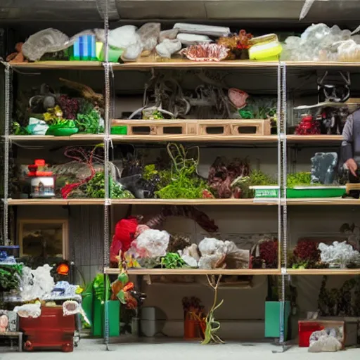 Image similar to garage with carnivorous plants on the shelves and packing peanuts on the floor, scene from tv show hyper detailed 5 5 mm 8 5 mm, low - light photography by tyler mitchell, made out of plastic