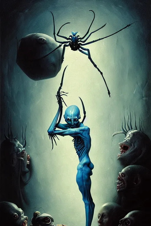 Image similar to hieronymus bosch, greg rutkowski, anna podedworna, painting of a blue skinned elf being turned into a spider demon