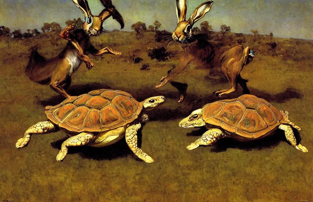 Prompt: the hare racing the tortoise from aesop's fable, detailed painting, epic lighting, by ilya repin, phil hale and kent williams