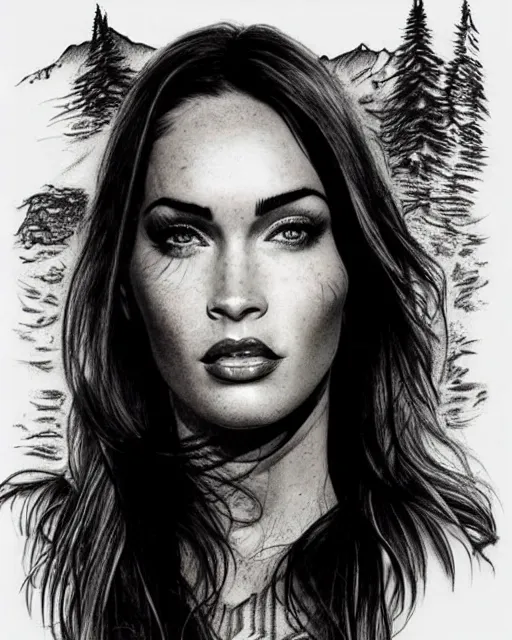 Prompt: realism tattoo design sketch of megan fox blended with beautiful mountain scenery, in the style of dan mountford, double exposure photography, hyper realistic, amazing detail, black and white