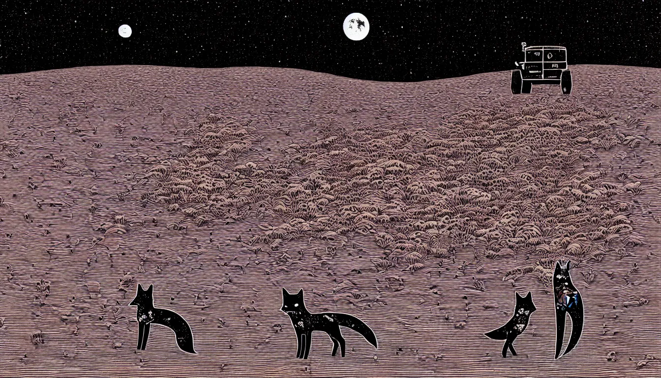 Image similar to a single fox and a robot rover standing on a red desert looking at the night sky by woodblock print, nicolas delort, moebius, victo ngai, josan gonzalez, kilian eng