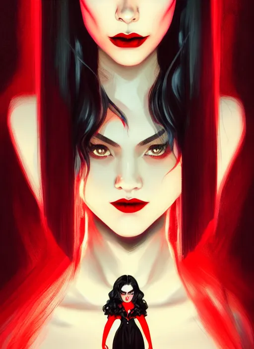 Image similar to portrait of vampire veronica lodge with bangs, vampire fangs, vampire, long hair, red clothes, bangs, vampironica, intricate, elegant, glowing lights, highly detailed, digital painting, artstation, concept art, smooth, sharp focus, illustration, art by wlop, mars ravelo and greg rutkowski