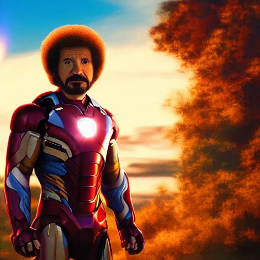 Image similar to a still of Bob Ross as Ironman. Magic Hour. Professional photography, 4K. Mood