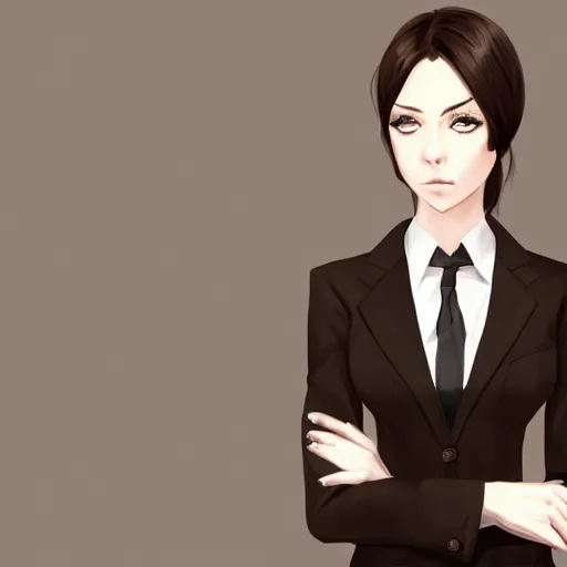 Image similar to woman in black business suit, light brown neat hair, pixiv, fanbox, trending on artstation, portrait, digital art, modern, sleek, highly detailed, formal, serious, determined, lawyer, colorized, smooth, charming, pretty, safe for work