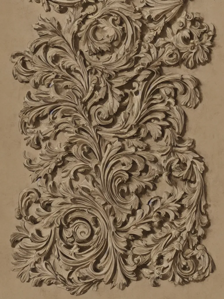 Image similar to a beautiful and masterful engraving decorative ornamental emblem, acanthus, floral, acroteria, arabesque, bead and reel, beams, bocage, cartouche, caulicoli, dentils, eagle, rendered in octane