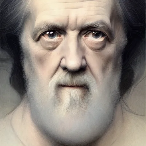 Prompt: beautiful striking Pre-Raphaelite George Carlin by Artgerm and Greg Rutkowski, pale, intricate, elegant, highly detailed, digital painting