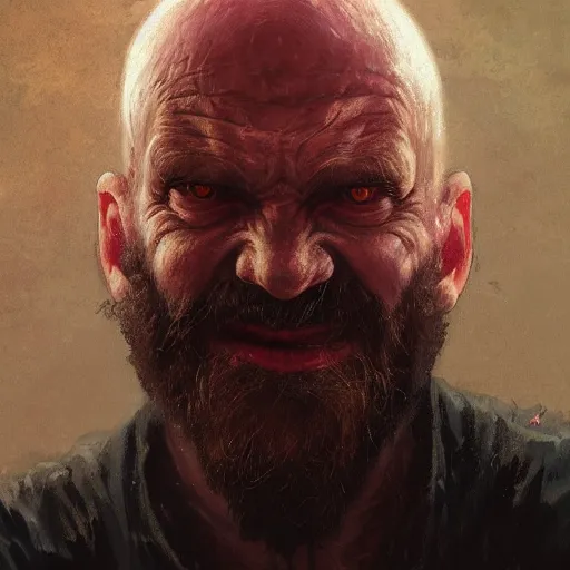 Prompt: portrait of a red bald man with black eyes and a black smile, horror, glowing eyes, by Stanley Artgerm Lau , greg rutkowski, thomas kindkade, alphonse mucha, loish, norman rockwell. Trending on artstation detailed illustration hd 4k