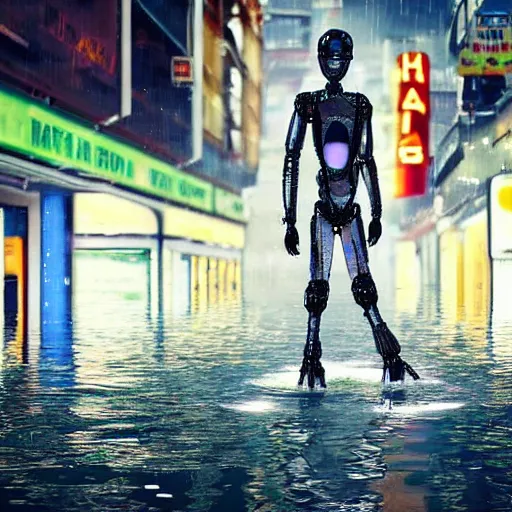 Image similar to a humanoid robot wearing a torn transparent plastic cloak walking the flooded streets of an abandoned futuristic city with neon signs,