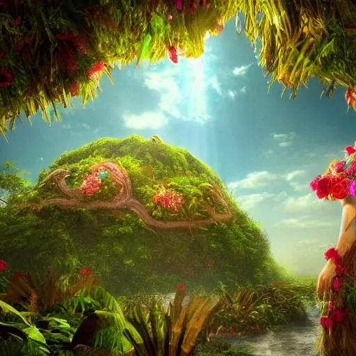 Image similar to Mother Nature with a crown made of flowers towering over a tropical island, Dramatic Lighting, Trending on Artstation HQ, 4K, UHD.