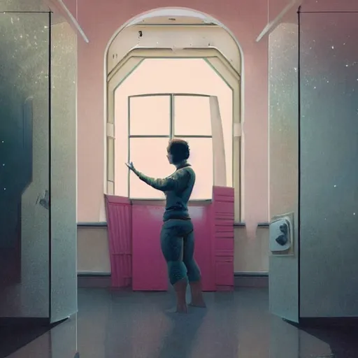 Prompt: indoor liminal space, astronaut, golden light, greg rutkowski, palm trees, pink door, minimalistic, hyperrealistic surrealism, award winning masterpiece with incredible details, epic stunning, infinity pool mirrors, a surreal vaporwave liminal space with mirrors, highly detailed, trending on artstation, artgerm and greg rutkowski and alphonse mucha, daily deviation