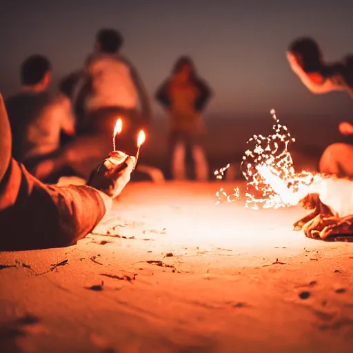 Image similar to photograph of people bonding around a firecircle, kismet, shot from behind, no faces visible, bokeh, atmospheric, desert